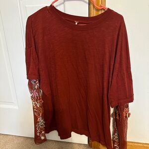 Free People Gardener Tee Embroidered Mesh Lace Sleeve Top